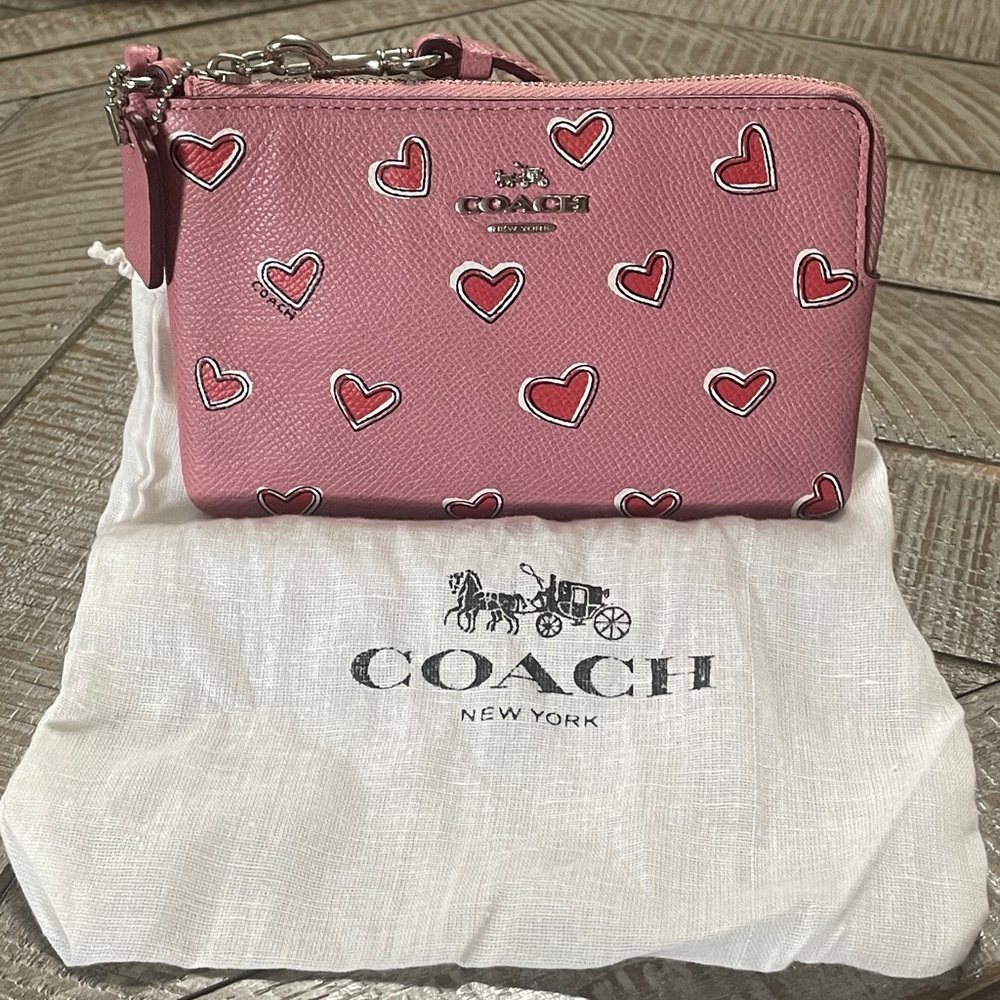 Coach Pink Heart Print Wristlet Clutch